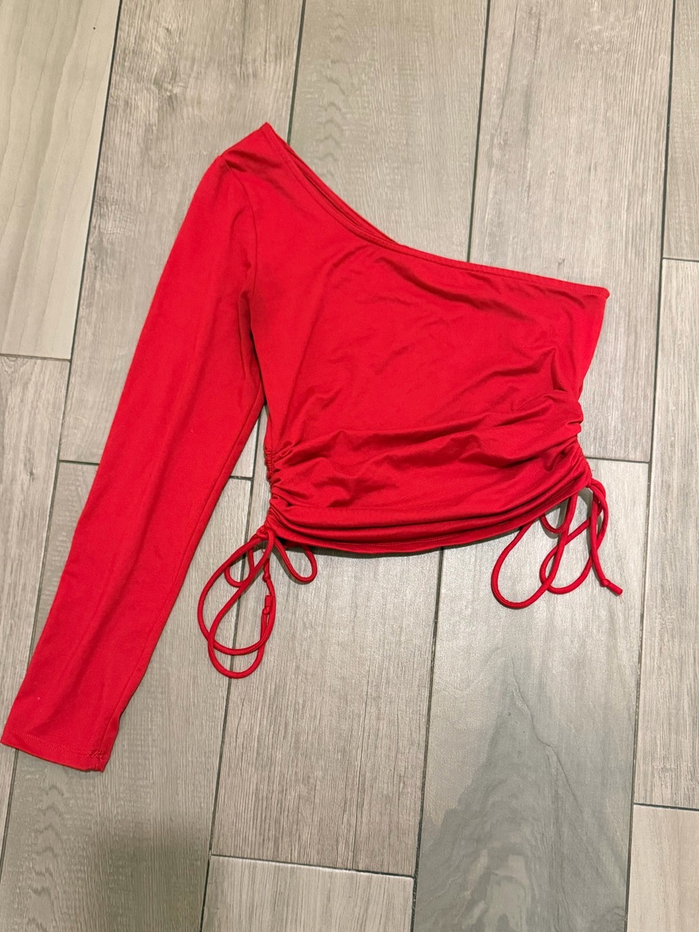 Ambiance Red One-Shoulder Ruched Drawstring Crop Top - Picture 2 of 6